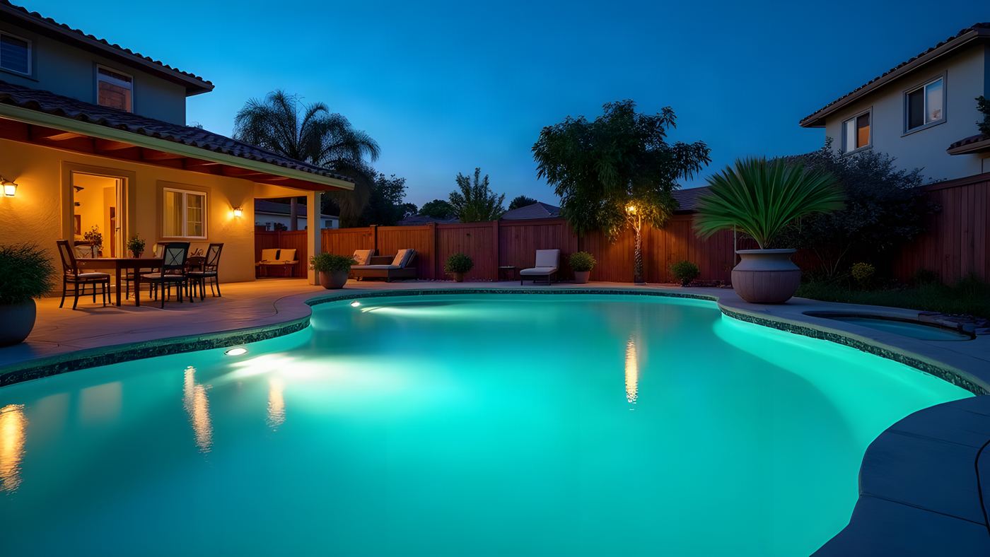 A backyard pool lit at dusk